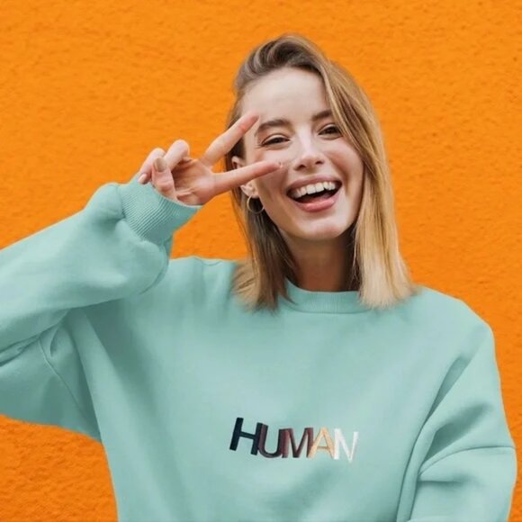 Wear the Peace ‘HUMAN’ Crewneck Aqua Sweatshirt Size M - Picture 1 of 11